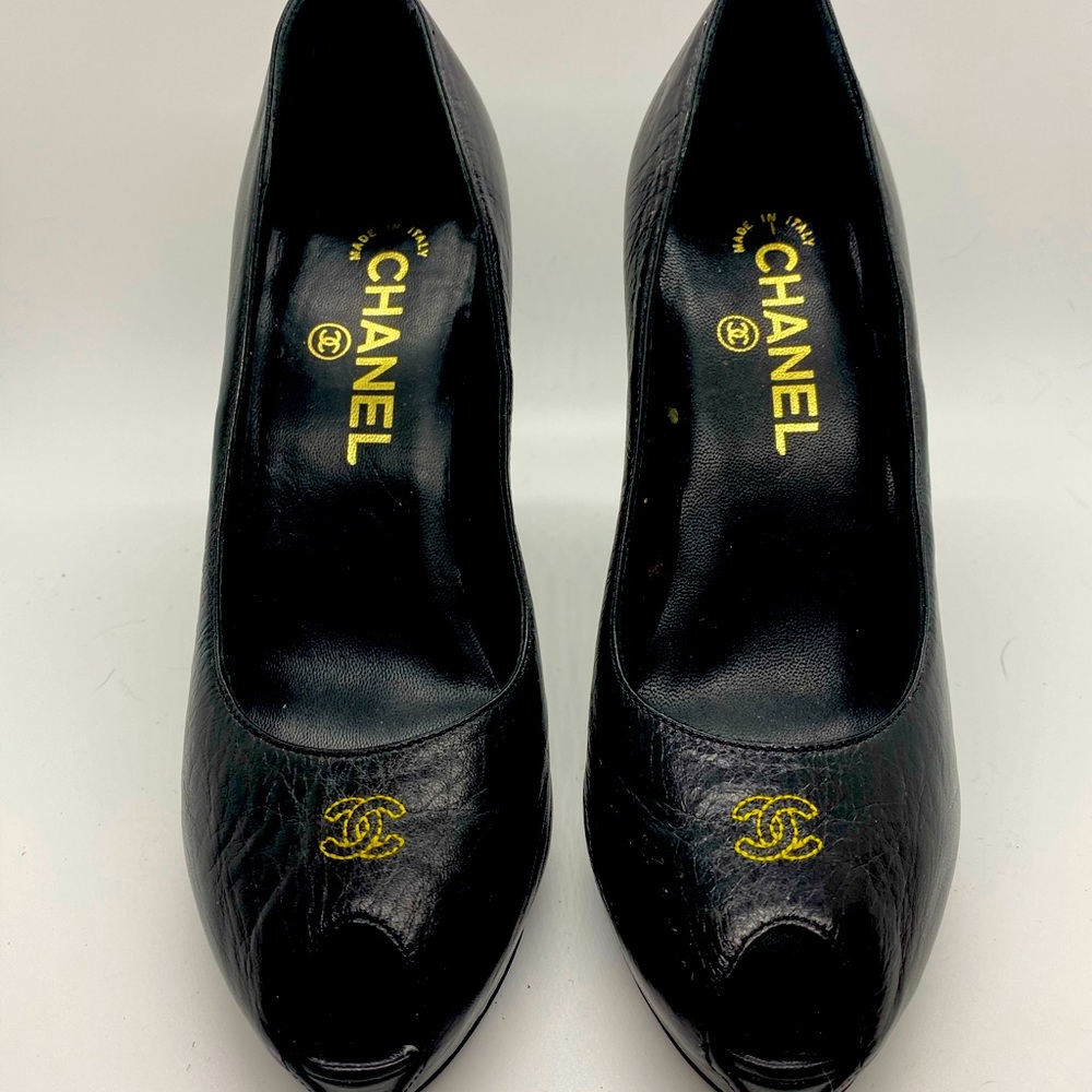 Black CHANEL Open-toed Pumps NWT